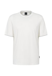 Weißes T-Shirt aus weichem Stoff, mit rundem Halsausschnitt und schwarzem Piping, kurzen Ärmeln, gerader Schnitt und minimalen Designdetails.