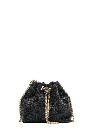 Geantă tip bucket din plasă metalică neagră, cu cataramă și închidere cu lanț auriu. Dispune de un vârf cu șiret și un accent circular cu logo auriu.