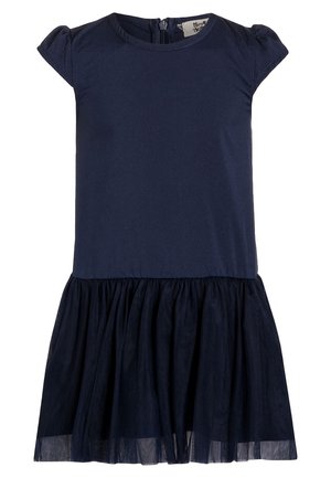 Marineblaues Kleid mit kurzen Puffärmeln, einem taillierten Oberteil und einem geschichteten Tüllrock. Verfügt über einen Reißverschluss hinten und besteht aus weichem Baumwollstoff.