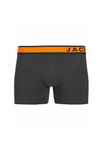 Boxer grigi con una cintura elastica arancione raffigurante la parola "JACK" in nero. Texture liscia, design aderente e senza motivi visibili.
