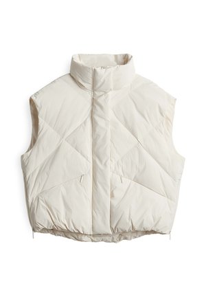 Gilet imbottito di colore bianco sporco, con colletto alto, design senza maniche, cuciture diagonali e due tasche frontali con zip. Tessuto testurizzato.