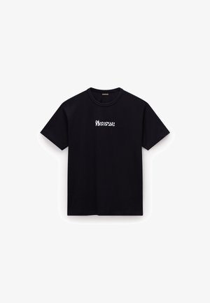 Schwarzes Baumwoll-T-Shirt mit Rundhalsausschnitt, kurzen Ärmeln und einem stilisierten weißen Textlogo auf der Brust. Glatte Textur, lässige Passform.