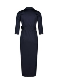 Navy blue long-sleeve dress with a belted waist, collared neckline, and mid-calf length. Smooth fabric with a sleek silhouette.
