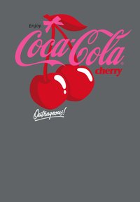 Grafika Coca-Cola Cherry s červenými třešněmi a růžovým textem na šedém pozadí. Obsahuje mašli a slovo "Neslýchané!" níže.