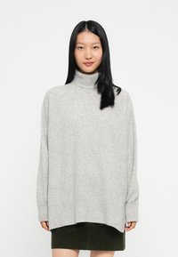 Ženska z dolgimi črnimi lasmi, oblečena v svetlo sivo velikansko turtleneck pulover in temno zeleno krilo, stoji ob preprosti beli ozadju.