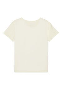 T-shirt à manches courtes de couleur blanc cassé avec un col rond, présenté de dos sur un fond blanc.
