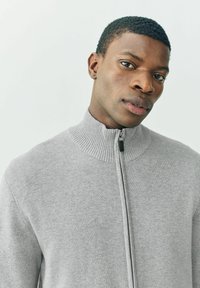 Light gray zip-up sweater with a ribbed collar, featuring a smooth texture and a center zip closure. Minimalist design with no patterns.