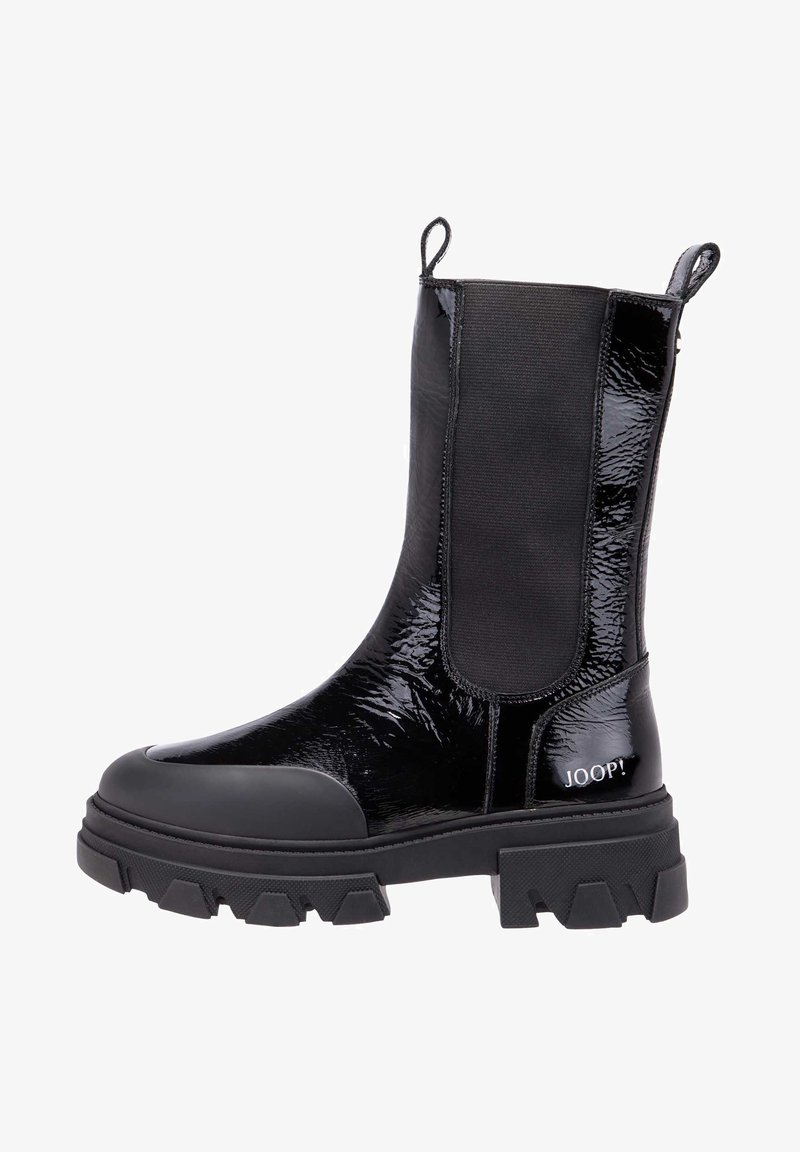 Black ankle boots featuring a glossy patent finish, elastic side inserts, rubber toe cap, chunky sole with geometric tread, and brand logo.