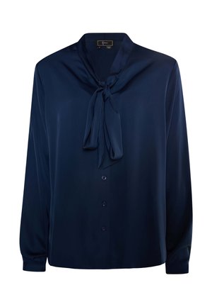 Tummansininen paita, joka on valmistettu sileästä kankaasta, kietoutuvalla kaulustyylillä, pitkillä hihoilla ja nappisuljenta edessä.