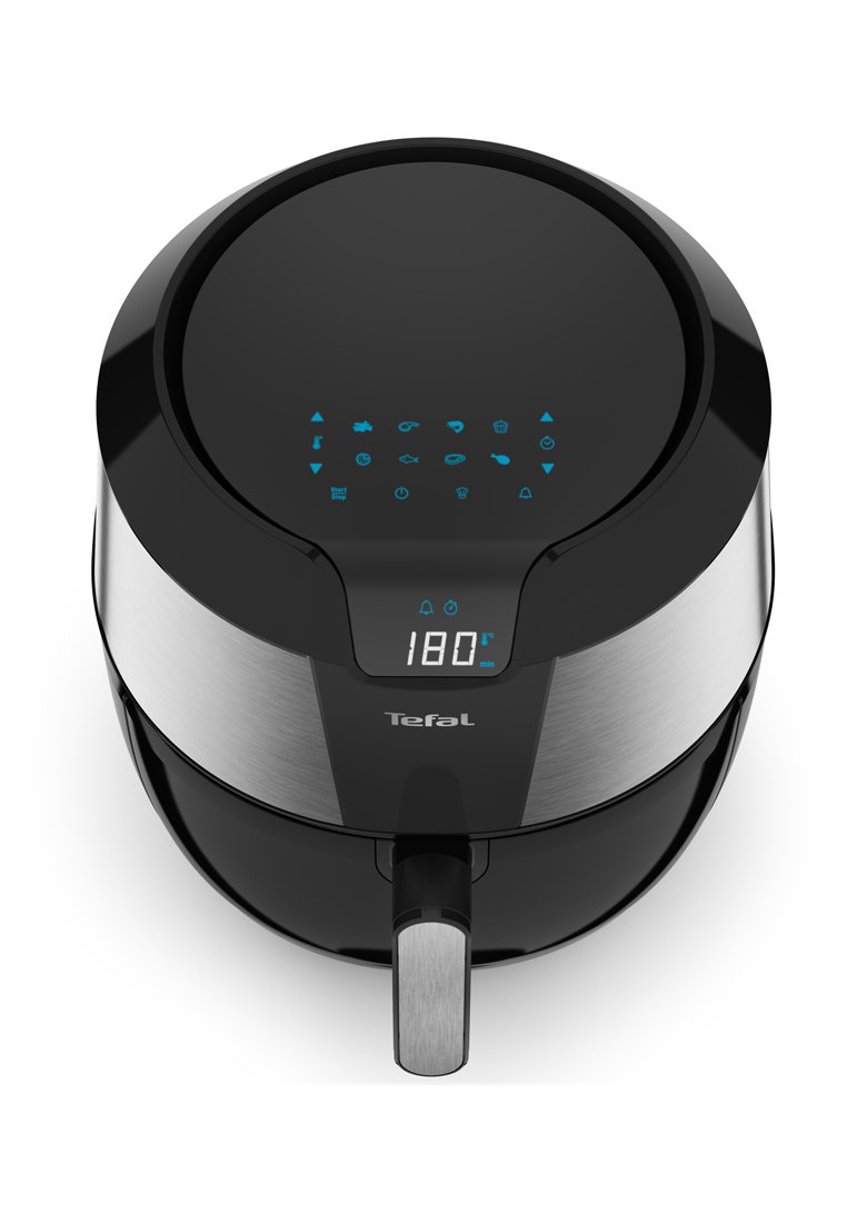 Schwarze und Edelstahl-Heißluftfritteuse mit runder Form, digitalem Bedienfeld mit blauen Symbolen, Temperaturanzeige und Griff an der Vorderseite.