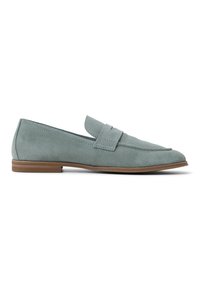 Light blue perforated loafers with a flat brown sole, featuring a stitched vamp and a buckle detail across the upper.