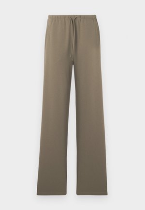 Olive green, wide-leg pants made of soft fabric, featuring an elastic waistband with a drawstring and no visible pockets.