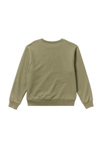 Ein schlichter, olivgrüner Langarm-Sweatshirt mit gerippten Bündchen, Kragen und Saum, von hinten auf einem weißen Hintergrund gezeigt.