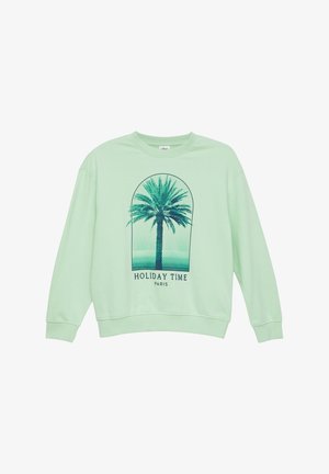Miętowy sweatshirt z długimi rękawami, z grafiką przedstawiająca palmę oraz napisem "HOLIDAY TIME PARIS" w ciemnoniebieskim kolorze. Okrągły dekolt.