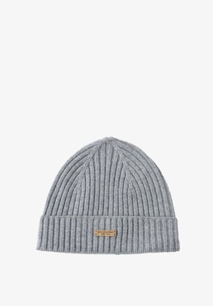 Gray knitted beanie with a ribbed texture and a folded cuff. Features a small leather patch labeled "BELLEMERE NEW YORK" on the front.