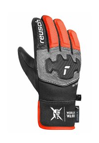 Schwarze und orange Winterhandschuhe mit einem strukturierten Muster, verstärkter Handfläche und verstellbarem Bündchen. Mit Markenlogo und Akzenten.