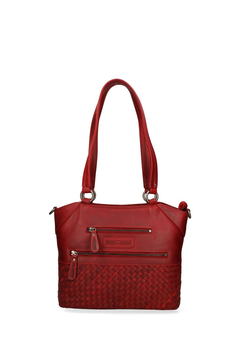 Rode leren handtas met geweven textuur aan de onderkant, twee ritsvakjes aan de voorkant en dubbele schouderbanden. Accentdetails in hardware.