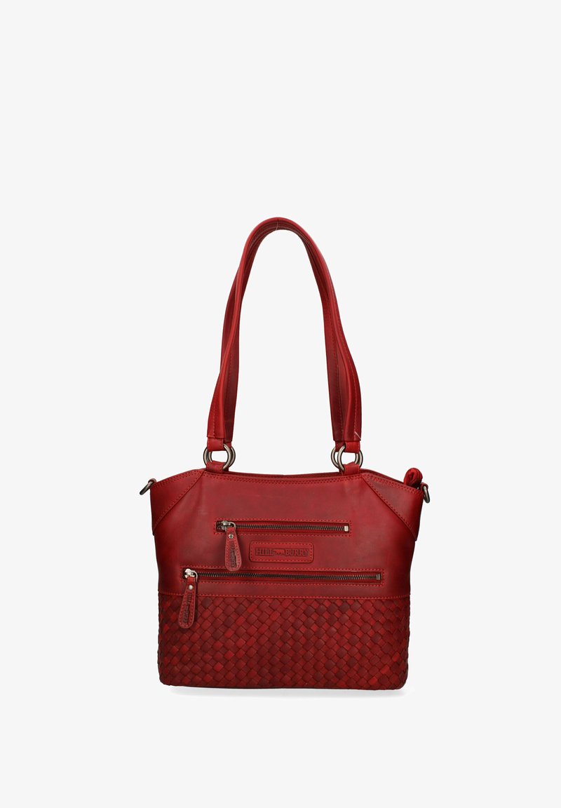 Rode leren handtas met geweven textuur aan de onderkant, twee ritsvakjes aan de voorkant en dubbele schouderbanden. Accentdetails in hardware.