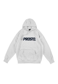 Szara bluza z kapturem, z przednią kieszenią typu kangur i sznurkiem. Posiada wyraźne, ciemnoniebieskie logo "PROSTO." na piersi.