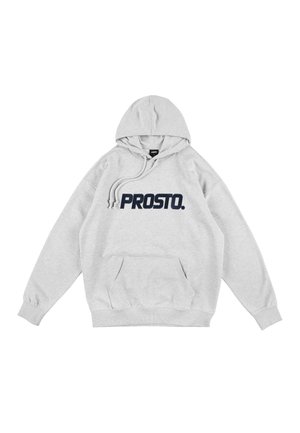 Szara bluza z kapturem, z przednią kieszenią typu kangur i sznurkiem. Posiada wyraźne, ciemnoniebieskie logo "PROSTO." na piersi.