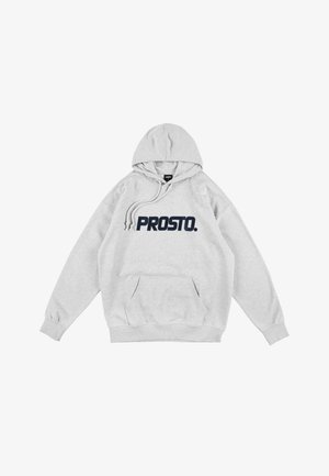 Szara bluza z kapturem, z przednią kieszenią typu kangur i sznurkiem. Posiada wyraźne, ciemnoniebieskie logo "PROSTO." na piersi.