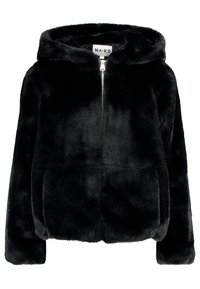 Zwarte nepbontjack met capuchon, voorzien van een voorzichtige rits, zijzakken en een gestructureerd, zacht oppervlak. Verkorte ontwerp met een losse pasvorm.