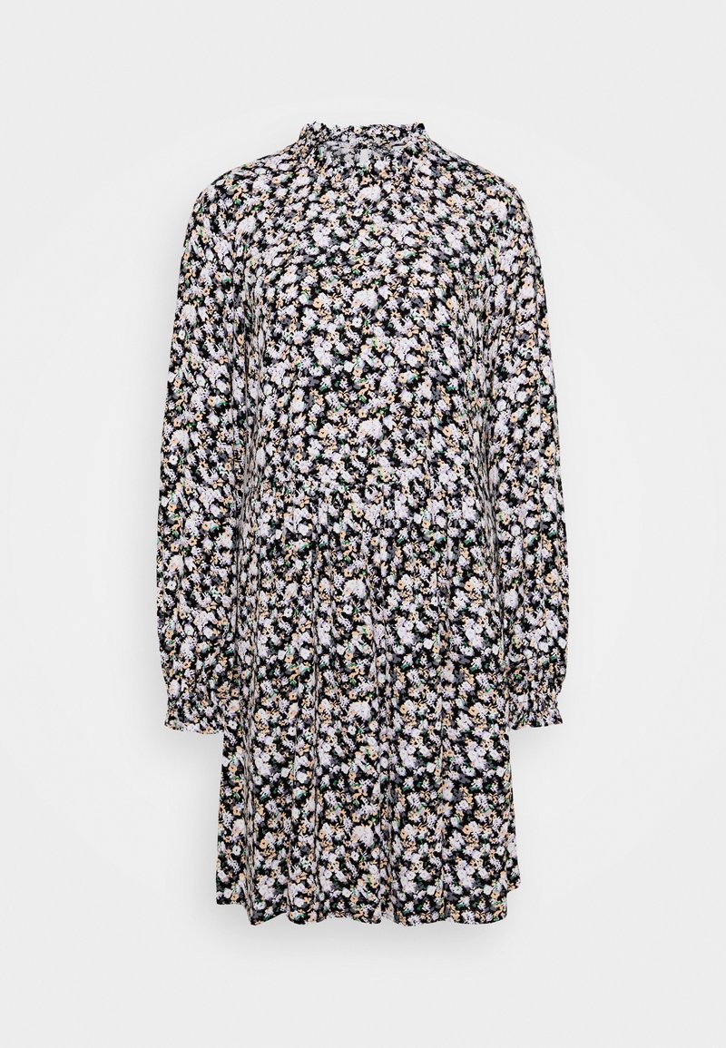 Schwarzes Kleid mit langen Ärmeln, das ein florales Muster in Weiß, Pink und Grün aufweist. Raffinierte Details in der Taille und ein hoher Ausschnitt.