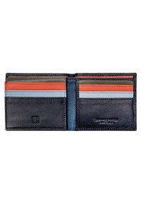 Portafoglio in pelle, design a due pieghe, prevalentemente nero con scomparti per schede multicolori (arancione, verde, blu). Finitura testurizzata, dettaglio del logo impresso.