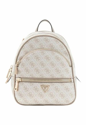 Zaino con stampa monogram beige, dettagli in metallo dorato, due scomparti con zip e forma arrotondata. Texture liscia e spallacci regolabili.