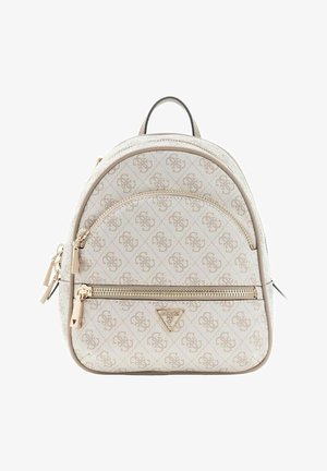 Sac à dos avec imprimé monogramme beige, ferrures dorées, deux compartiments zippés et forme arrondie. Texture lisse et bretelles ajustables.