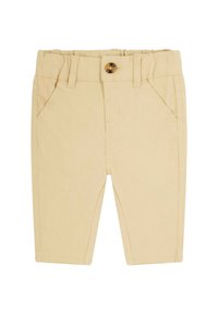 Pantaloni corti in cotone beige chiaro con chiusura a bottone, passanti per cintura e due tasche frontali. Tessuto morbido e vestibilità sartoriale.