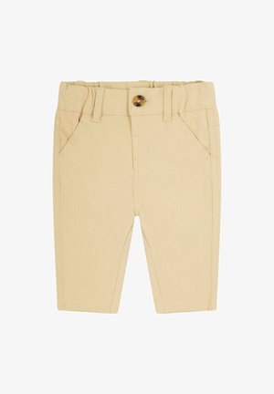 Hellbeige Baumwollshorts mit einem Knopfverschluss, Gürtelschlaufen und zwei Vordertaschen. Glatte Textur und maßgeschneiderte Passform.