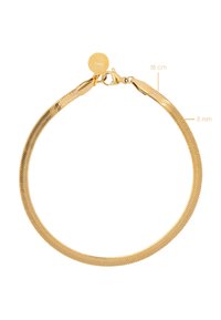 Kultasävyinen käärmeketjurannekoru, pituus 18 cm ja leveys 3 mm, jossa on hummerilukko ja sileäpintainen rakenne. Minimalistinen muotoilu logokoristeella.