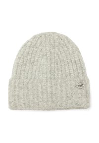 Jasnoszara dzianinowa czapka typu beanie wykonana z miękkiej wełny, z prążkowaną fakturą i okrągłym srebrnym logo na boku.