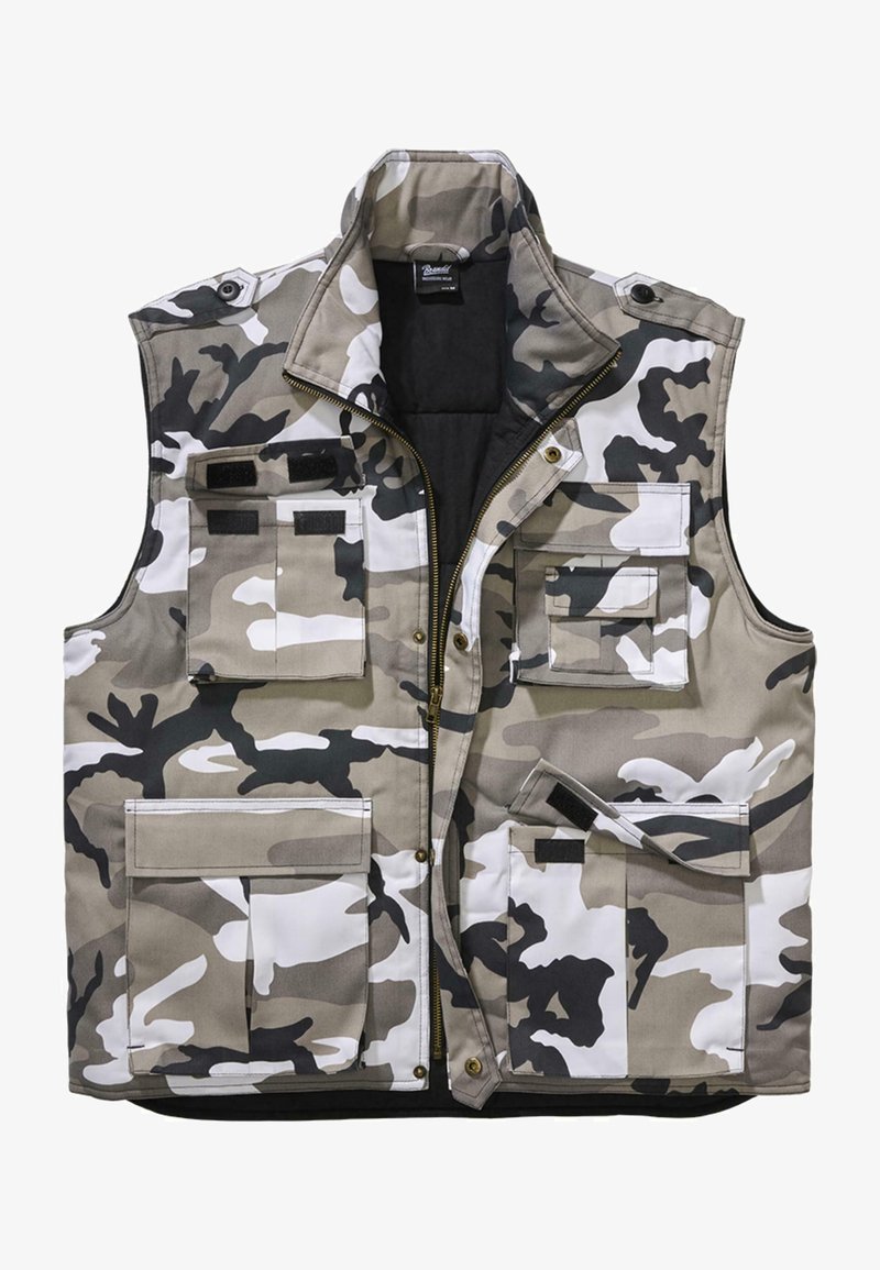 Tarnweste in Beige-, Grau- und Schwarztönen; verfügt über mehrere Fronttaschen, einen Reißverschluss und einen Stehkragen. Strukturierter Stoff.