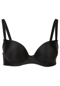 Black padded bra with smooth satin cups, adjustable straps, and a decorative bow at the center. Features lace trim along the edges.