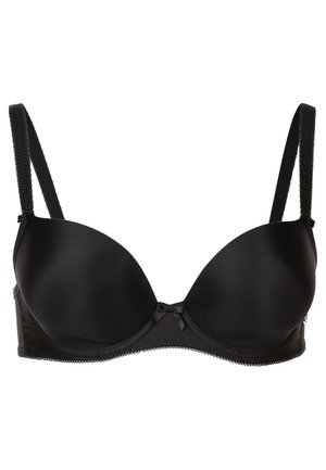 Black padded bra with smooth satin cups, adjustable straps, and a decorative bow at the center. Features lace trim along the edges.