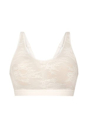 Weißer Spitzen-BH ohne Bügel mit breiten Trägern und weichem Bund, entworfen für Komfort und leichte Unterstützung.