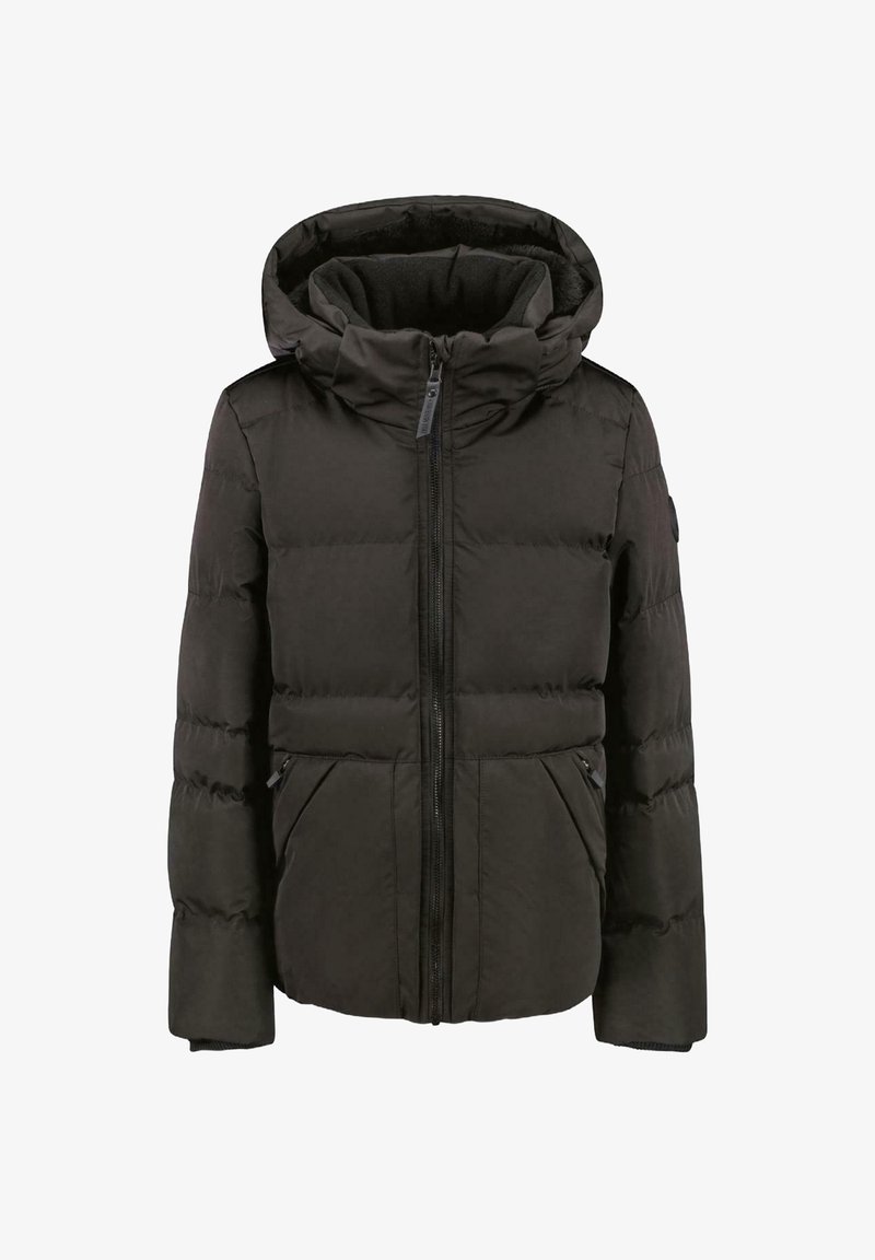 Black puffer jacket with a zippered front, padded design, detachable hood, and two side pockets. Soft texture with ribbed cuffs.