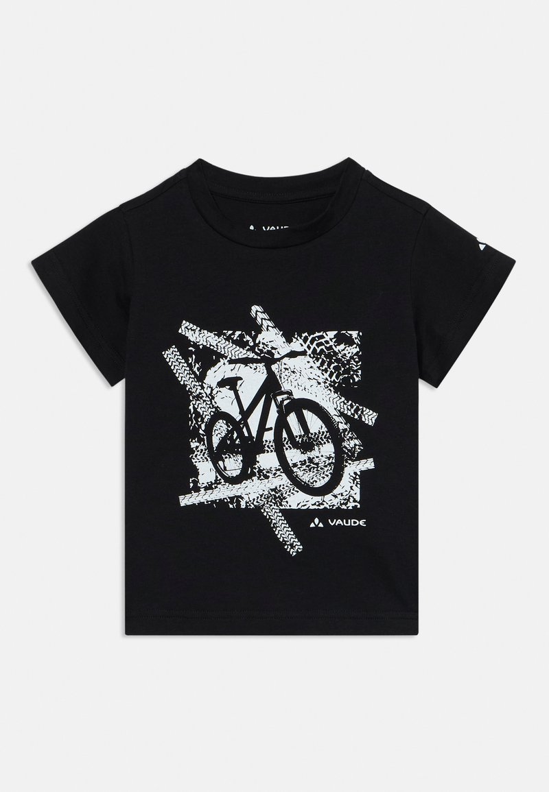 Fekete pamut póló, amelyen egy fehér grafika látható egy kerékpárról és guminyomról egy textúrált háttéren. Rövid ujjú és kerek nyakkivágású.