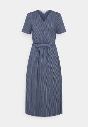 Navy blue midi dress with thin white vertical stripes, short sleeves, V-neck wrap bodice, fitted waistband, and gathered skirt.