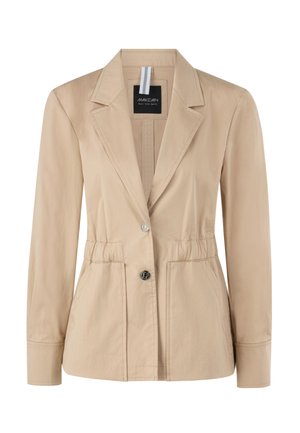 Beige women's blazer with notched lapel, long sleeves, two front buttons, sewn elastic waist, and two front pockets.
