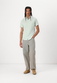Camicia verde chiaro a maniche corte con chiusura a bottone abbinata a jeans grigio chiaro e sneakers beige. Tessuto liscio, vestibilità casual.