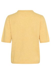 Pull court jaune à manches courtes, en tissu tricot léger, avec un col et des poignets côtelés, texture discrète avec un léger effet chiné.