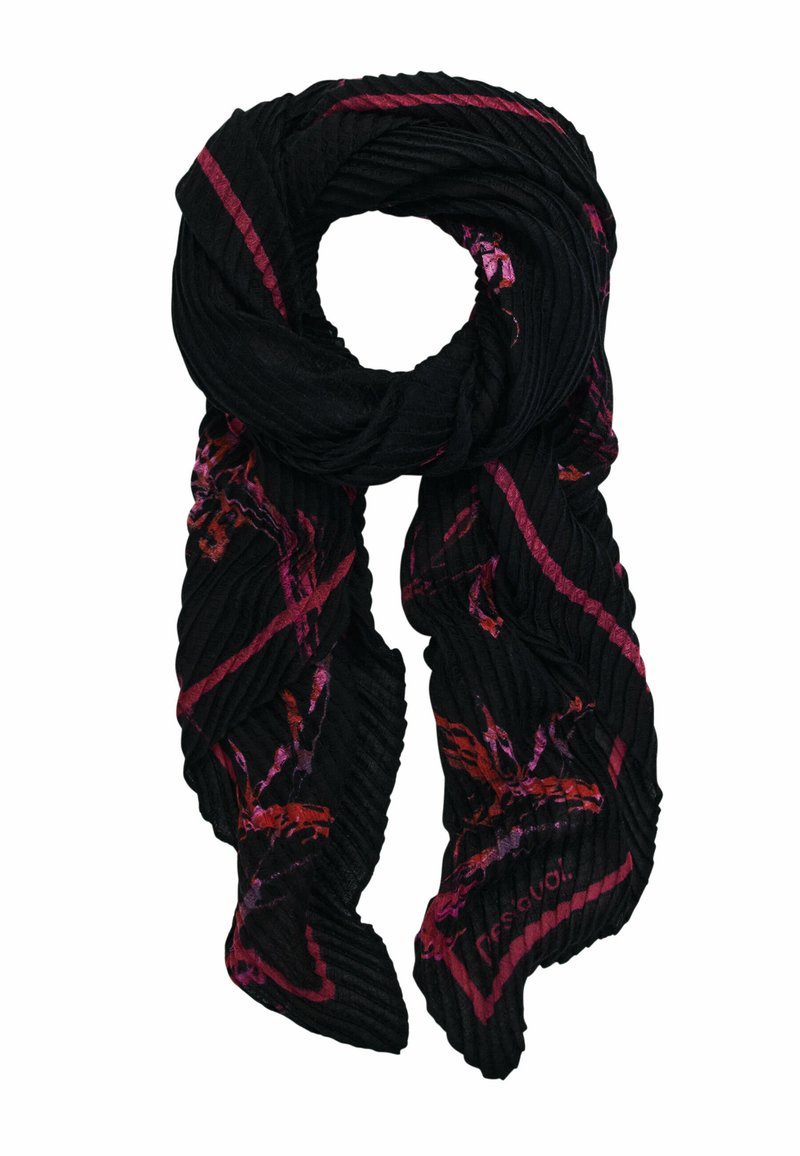 Scarf nera a coste con motivi astratti in tonalità di viola e rosso, con una texture morbida e un design leggero.