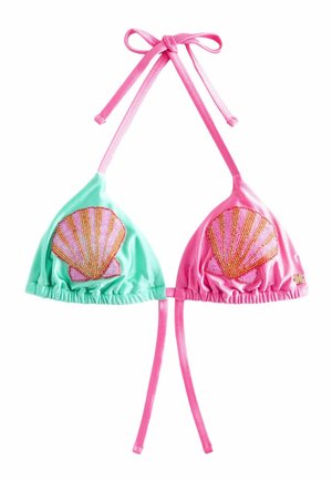 Dreieck-Bikinioberteil mit pinken und mintgrünen Cups, jeweils mit einem Perlen-Muschel-Design und pinken Neckholder- sowie Rückenschnüren.
