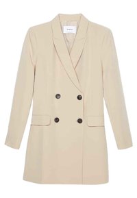 Blazer beige à double boutonnage en tissu lisse, doté d'un col à revers cranté, de deux poches avant et de boutons foncés en accents.