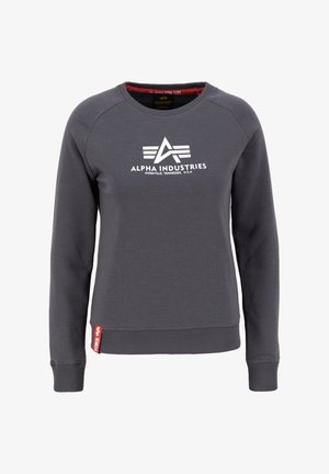 Szürke, pamut keverékből készült pulóver, kerek nyakkivágással, bordázott ujjak és alsó szegély. Az elülső részen fehér logó látható dizájn kiemelésekkel.