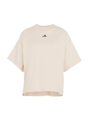 Beiges kurzes T-Shirt mit rundem Ausschnitt und kurzen Ärmeln. Mit einem schwarzen Adidas-Logo auf der Brust. Glattes, leichtes Material.