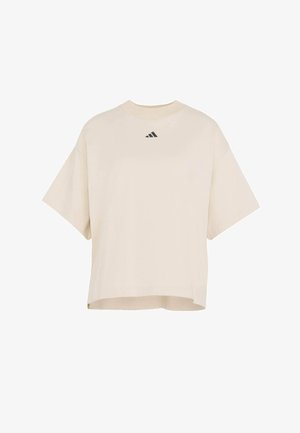 Beiges kurzes T-Shirt mit rundem Ausschnitt und kurzen Ärmeln. Mit einem schwarzen Adidas-Logo auf der Brust. Glattes, leichtes Material.